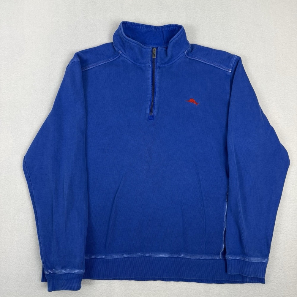 Tommy Bahama Men's XL 1/4 Zip Pullover Blue Sweatshirt Orange Marlin Cotton